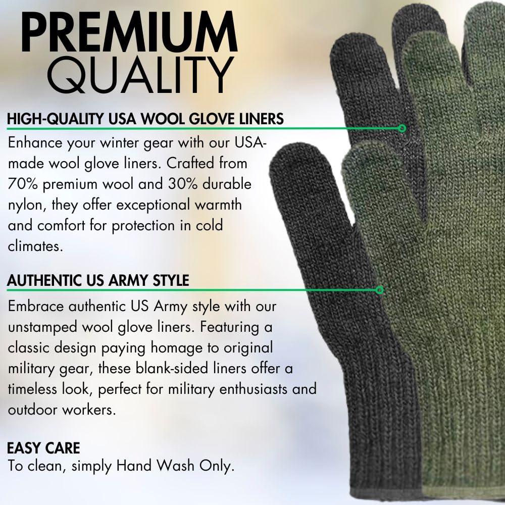 Army Universe Wool Blend Glove Liners | Unstamped Genuine GI USA Made Warm Winter Gloves Liner, Olive Drab, Medium