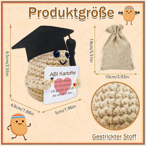 Luckeey Abitur 2026 Geschenke Positive Kartoffel, Mutmacher Geschenk zum Abitur Glücksbringer Prüfung, Strickwolle Potato Puppe ABI 2026 Souvenir Geschenke für Mitschüler Freunde - 2