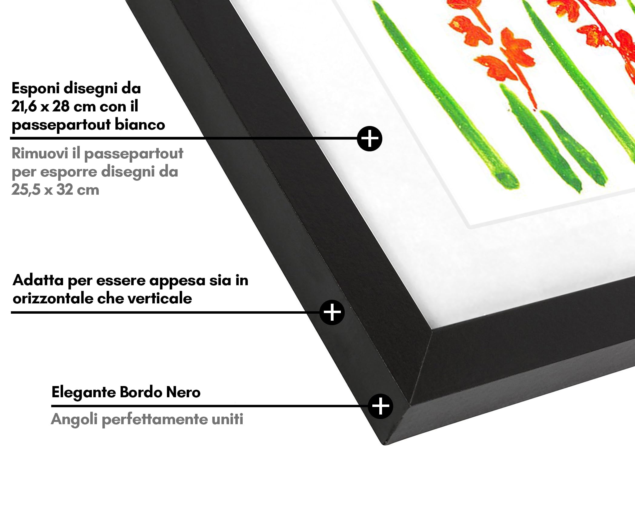 Americanflat Cornice Porta Disegni per Bambini (Nero) - Cornice A4 da Parete con Passepartout e 25,5x32 cm Senza Passepartout - Apertura Frontale con Vetro Infrangibile