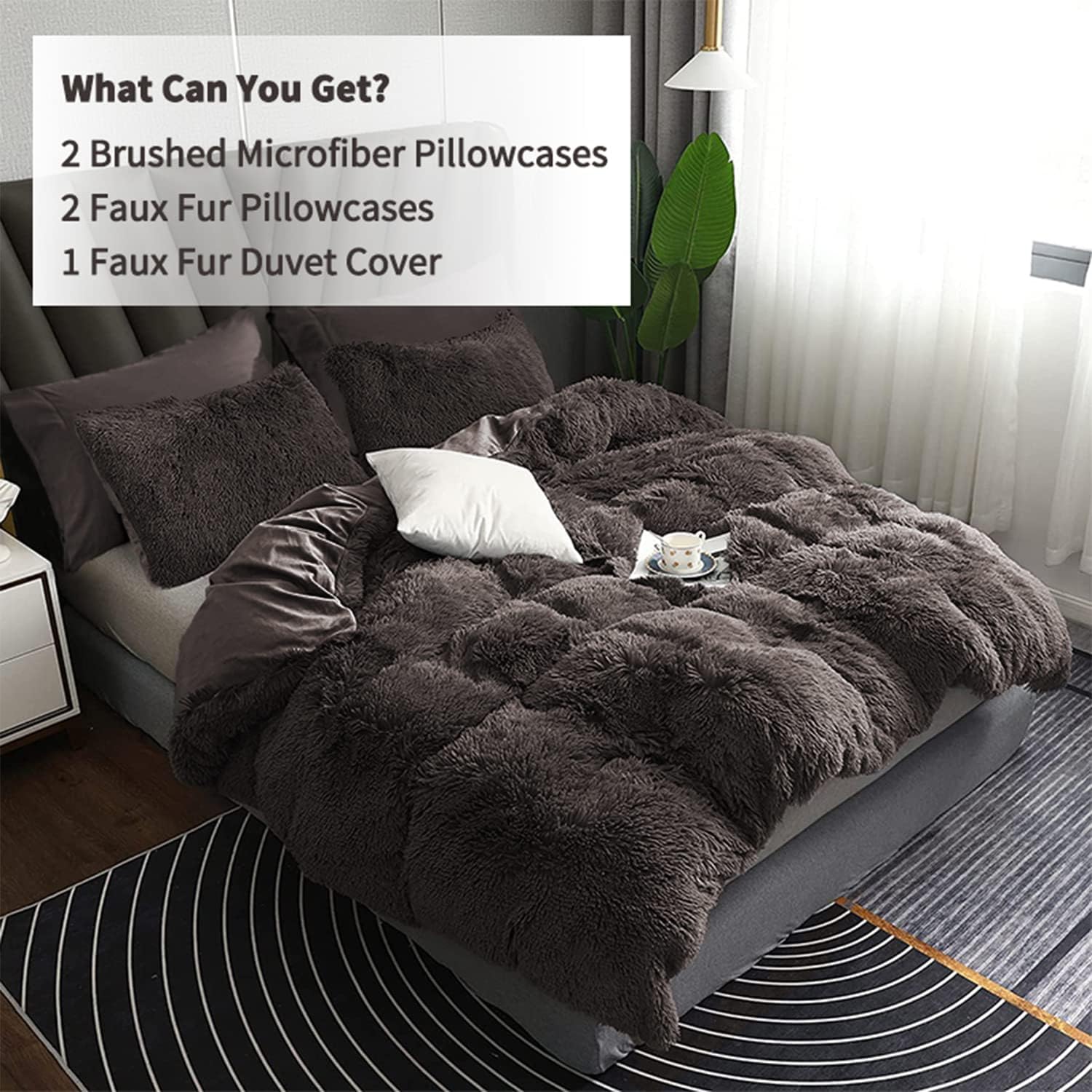 HAOK Plush Shaggy Duvet Cover Set - 5 Pieces Faux Fur Fluffy Bed Sets (1 Shaggy Duvet Cover + 2 Shaggy Pillow Shams + 2 Pillowcases), Velvet Fuzzy Comforter Cover Bedding Sets(Queen, Dark Grey)