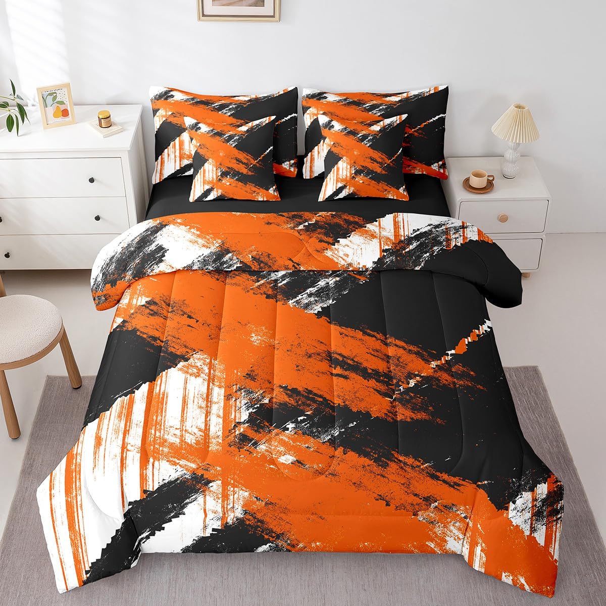 jejeloiu Abstract Art Comforter Set with Sheets Kids Queen Size 7 Pieces Modern Geometric Bedding Set for Boys Girls Teens White Black Orange Bed in a Bag Room Decor
