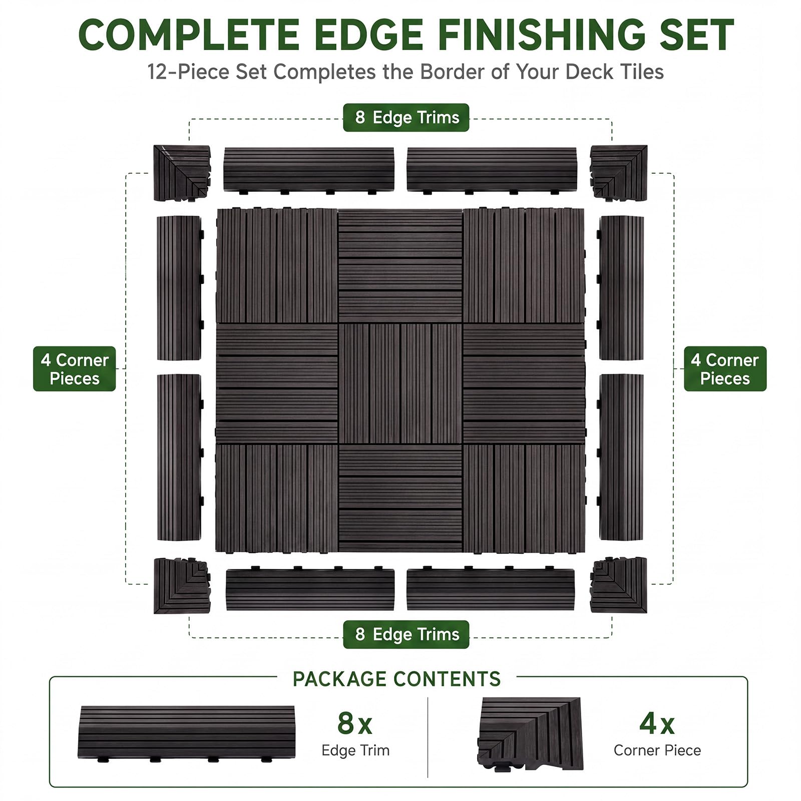 Ripeng Juego de 12 azulejos de madera negra, 8 piezas de borde recto, 4 bordes de esquina, compatibles con azulejos entrelazados de 12 pulgadas, borde de teca, fácil de instalar para pisos, azulejos