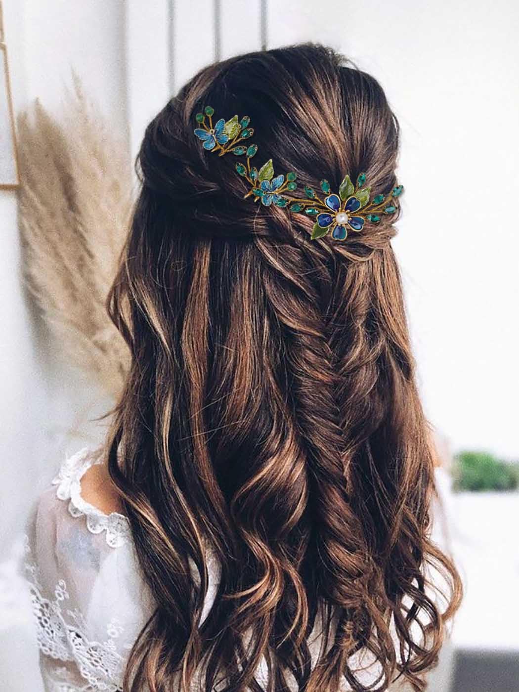 IYOU Baroque Wedding Hair Pins Green Flower Bridal Hair Piece Butterfly Guest Bridesmaid Hair accessories for Women(Pack of 3) - Image 3
