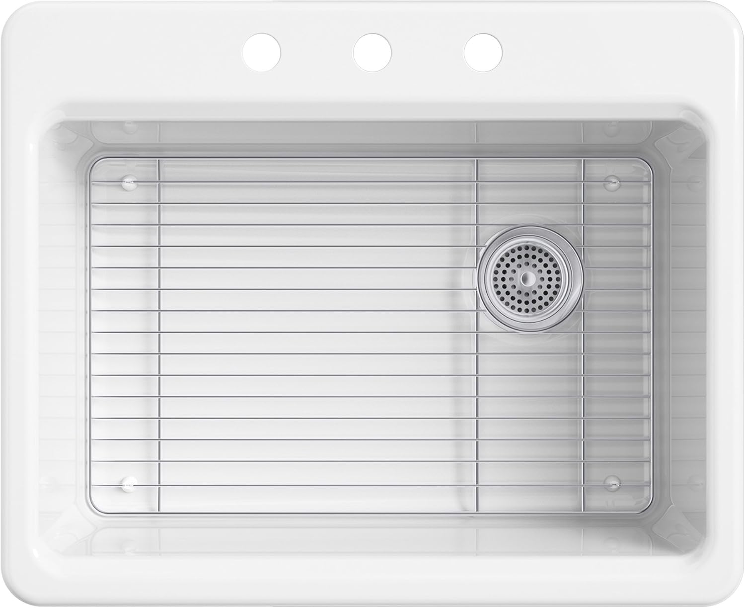 KOHLER K-8668-3A1-7 Riverby Top-Mount Single-Bowl Kitchen Sink with Bottom Basin Rack and 3 Faucet Holes, 27" x 22" x 9-5/8", Black Black