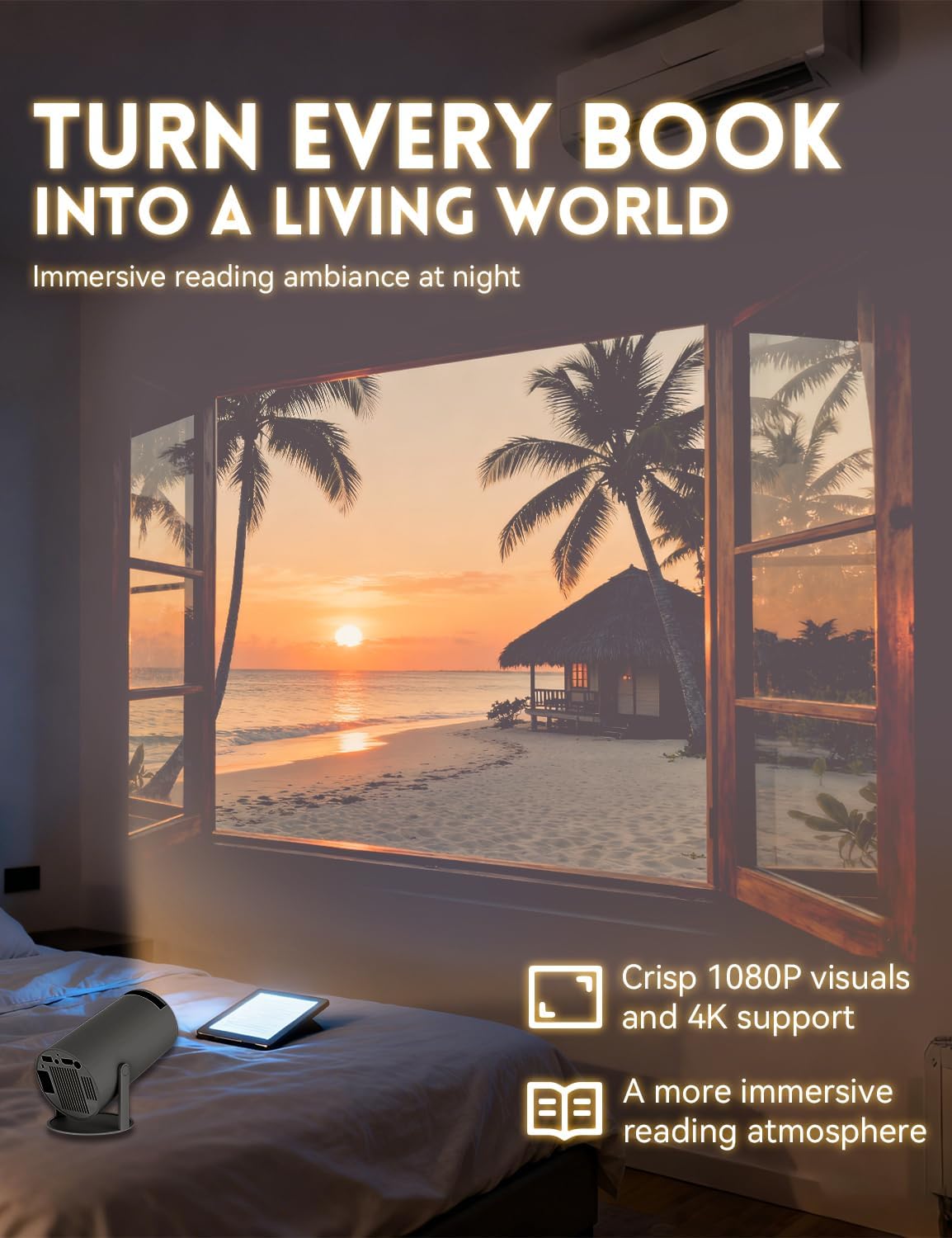 Projector for Reading – Mini Window Projector, 4k Supported Smart Projector with Wifi & Bluetooth, 210° Rotation & Built-In Speaker, Auto Keystone, Cozy Reading Ambiance & Bedroom Fantasy (White)