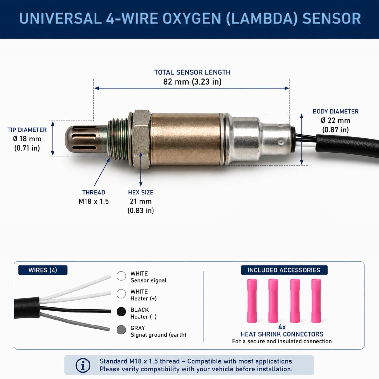 Twowinds - Sonda Lambda Universale 0258006010 (filettatura M18x1,5) - 4 Fili - Sensore di Ossigeno O2 per Sistema di Scarico - 4 Guaine Termorestringenti