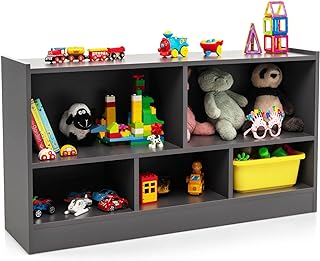 Costzon Toy Storage Organizer for Kids, 5-Section School Classroom Storage for Organizing Books Toys, Wooden Kids Bookshelf Daycare Furniture for Preschool, Playroom, Nursery, Kindergarten (Dark Gray)
