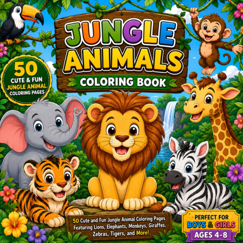 Jungle Animals Coloring Book: 50 Cute and Fun Jungle Animal Coloring Pages Featuring Lions, Elephants, Monkeys, Giraffes, Zebras, Tigers, and More for Kids Ages 4-8
