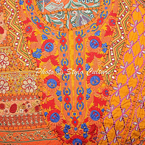 Stylo Culture Ethnic Floor Cushion Seating Vintage Patchwork Pillow Cover Orange 32X32 Large Decorative Bohemian Round Hassock Pouffe Cover Footstool Cotton Embroidered 1 Pc #TOP3