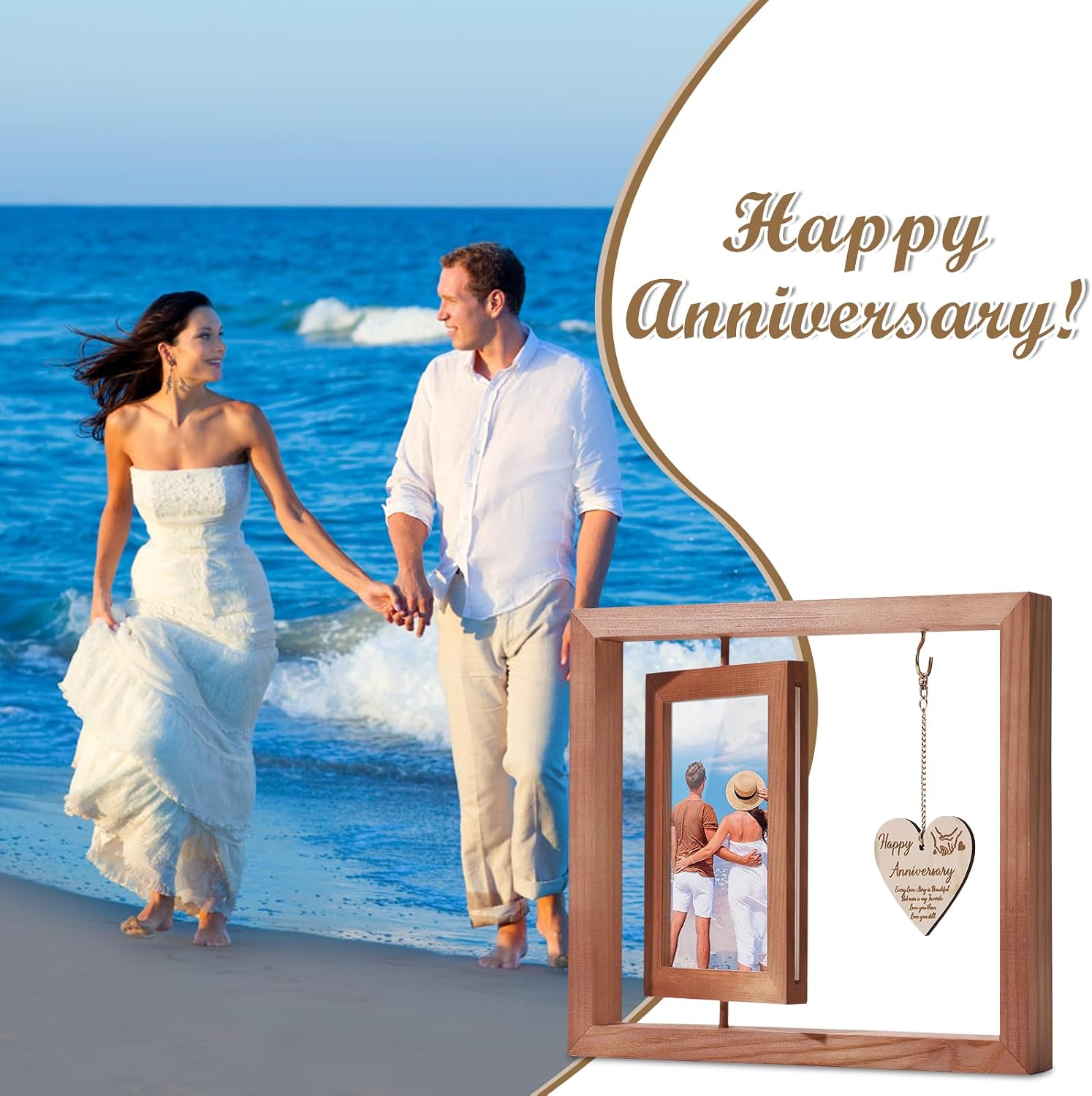 WIOR Happy Anniversary Frame Wedding Gifts, Rustic Wood Double-Sided Rotating Anniversary Picture Frames for 4x6 Inch Photos, Romantic Bridal Shower Gifts for Her Him Girlfriend Couples Wife Husband