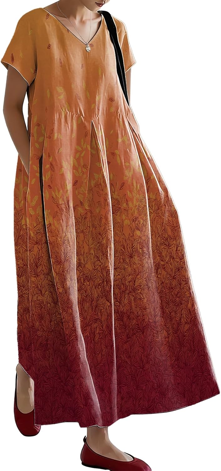 2026 Summer Maxi Dresses for Women Floral Short Sleeve V Neck Loose Flowy Casual Boho Vacation Dresses