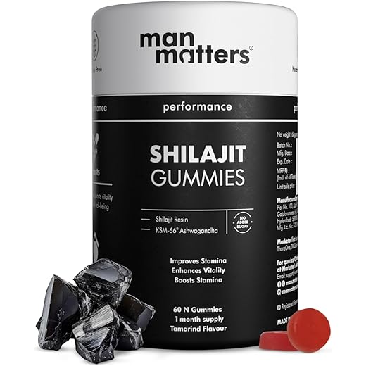 Man Matters Pure Himalayan Shilajit/Shilajeet Gummies with 75% Fulvic Acid & KSM 66 Ashwagandha | Boosts Stamina, Strength & Improves Energy Levels | No Added Sugar | Pack of 60