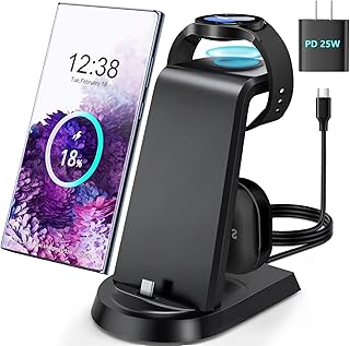 3 in 1 Fast Charger Station for Samsung Galaxy, PD 25W Super Fast Charger Station for Galaxy S23/S22/S21/Note20/10 Z Flip/Z Fold, Wireless Charger for Galaxy Watch 3/4/5, Galaxy Buds Charging Stand