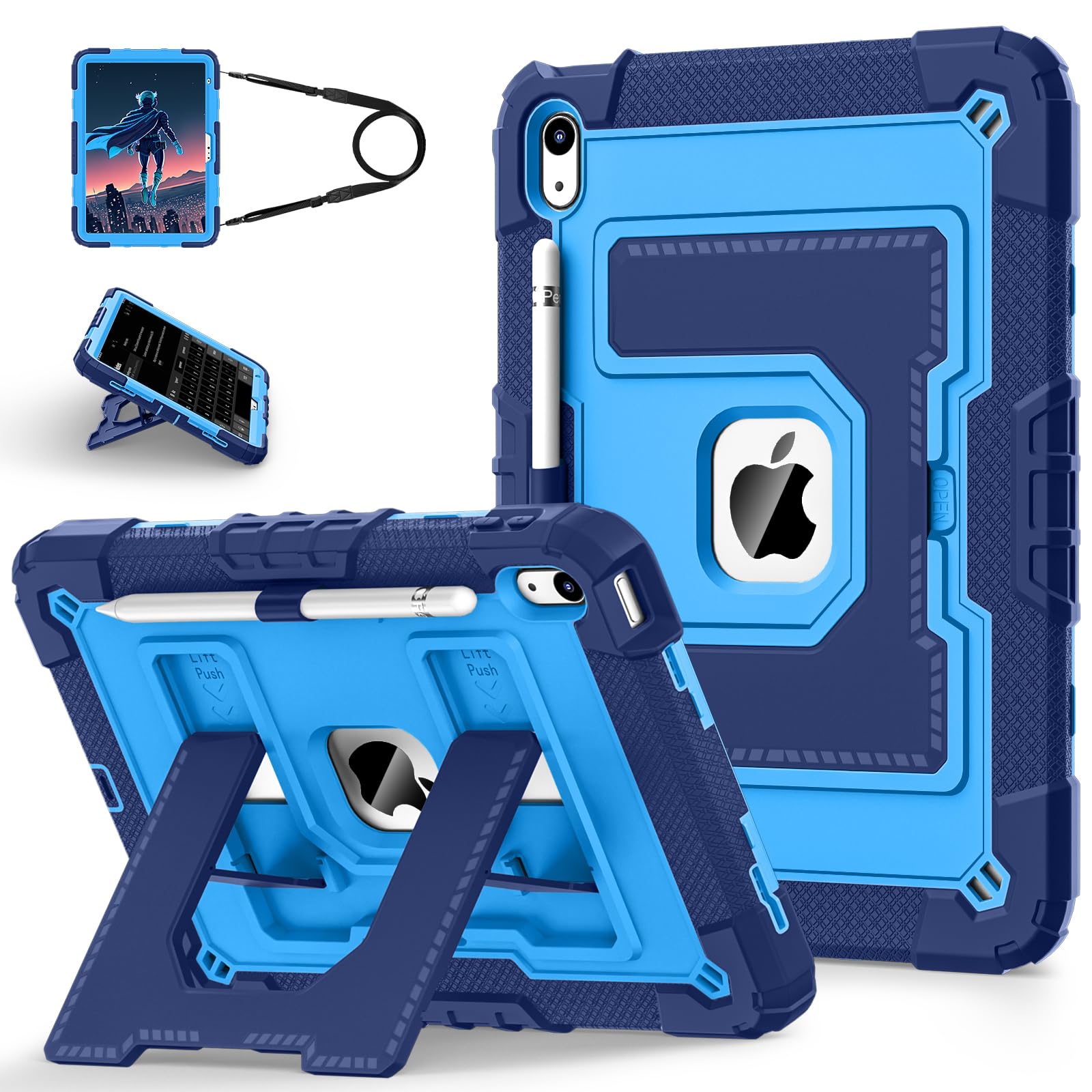 for 2025 iPad (A16) 11th /10th Generation 2022 10th Gen iPad Case with Pencil Holder Shoulder Strap,Military Grade Shockproof for i Pad Covers 11.0/10.9 Inch,Navy Blue