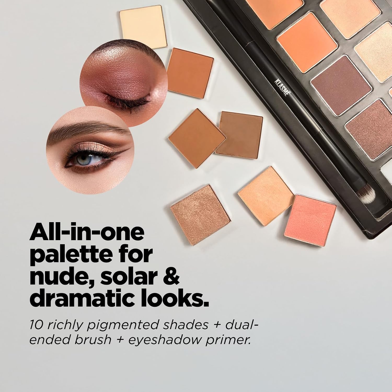 Klasme Warm Day Eyeshadow Palette | 10 Full-Pigment Shades | Neutral, Peach & Dark Purple | Includes Dual-Ended Brush & Primer