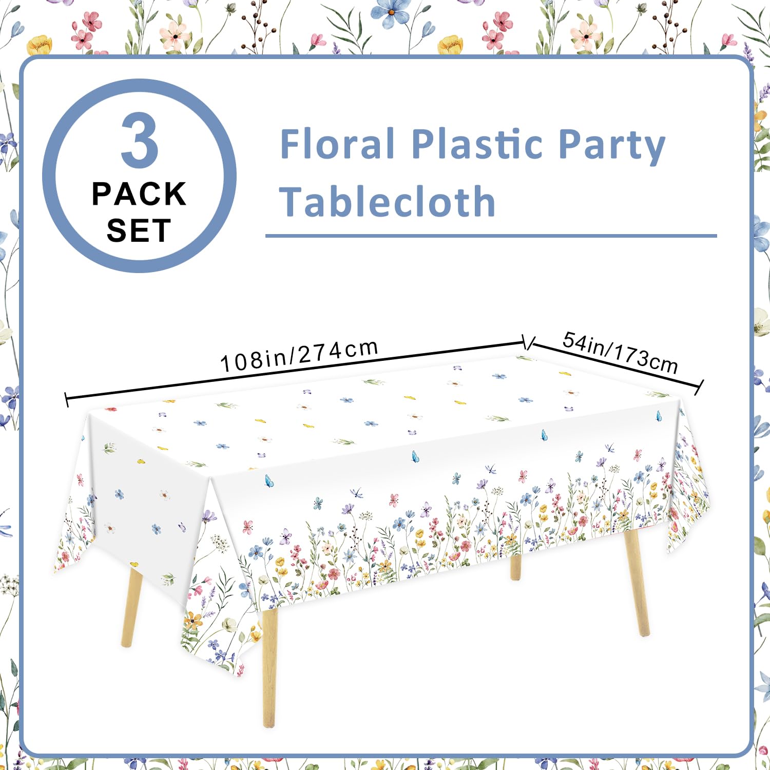 LINHAXM 3 Pack Spring Floral Tablecloth, Wildflower Butterfly Plastic Table Cover for Easter, Birthday, Wedding, Tea, Wildflower Party Decorations, 54 x 108 Inch