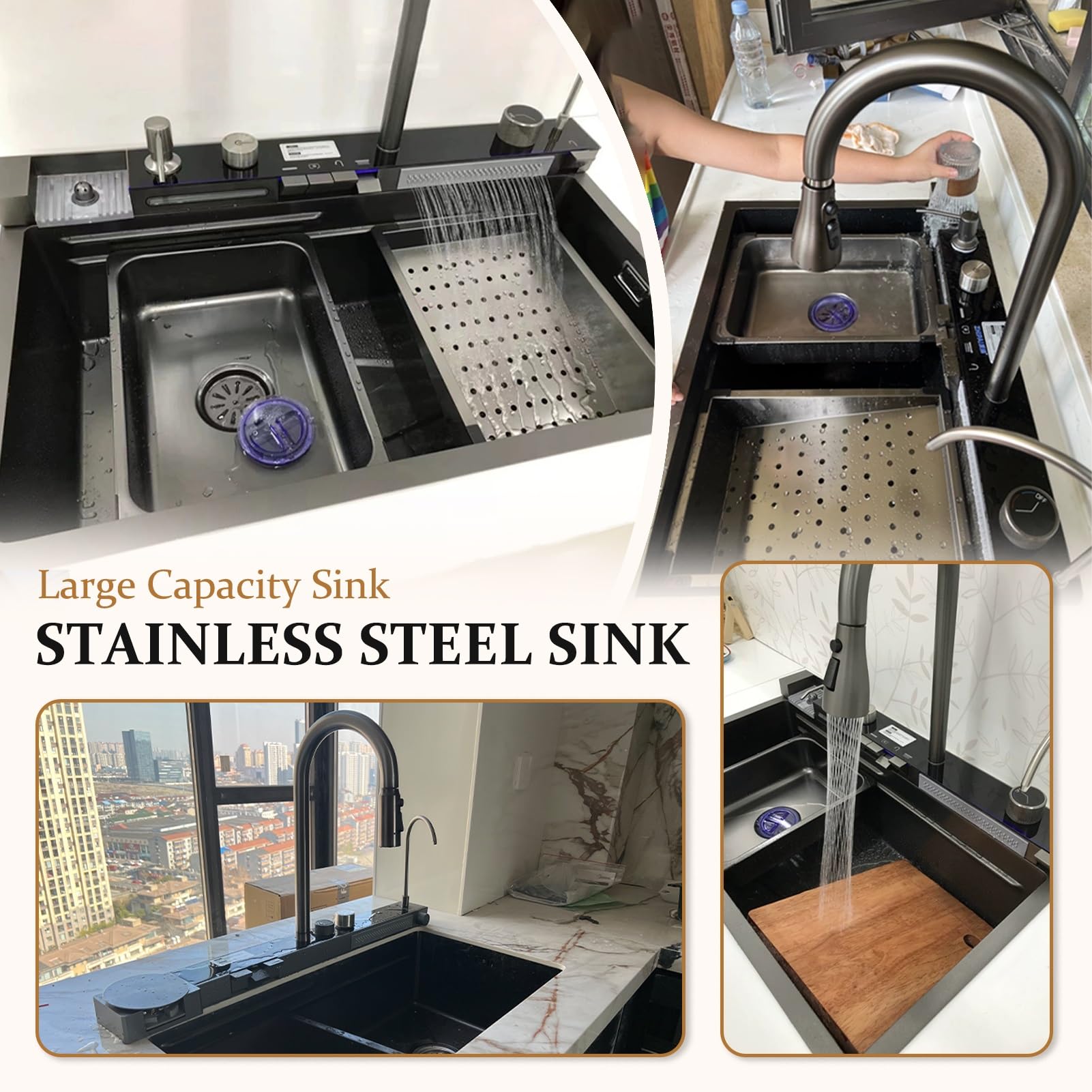 Smart Kitchen Sink With Temperature Display Stainless Steel Workstation Sink With Cup Washer Nano-Coated Single Bowl With Dual Waterfalls(Black-gray,80cm)