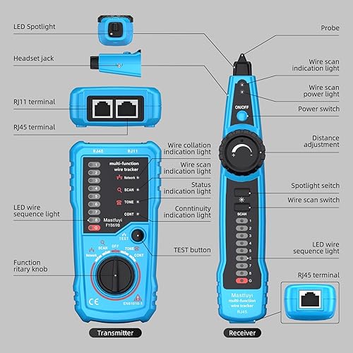 Miniatura 17 de Probador de cables de red, buscador de línea con tono de sonda, rastreador de cables multifunción, RJ11 RJ45 Cable Tracer, Prueba de línea