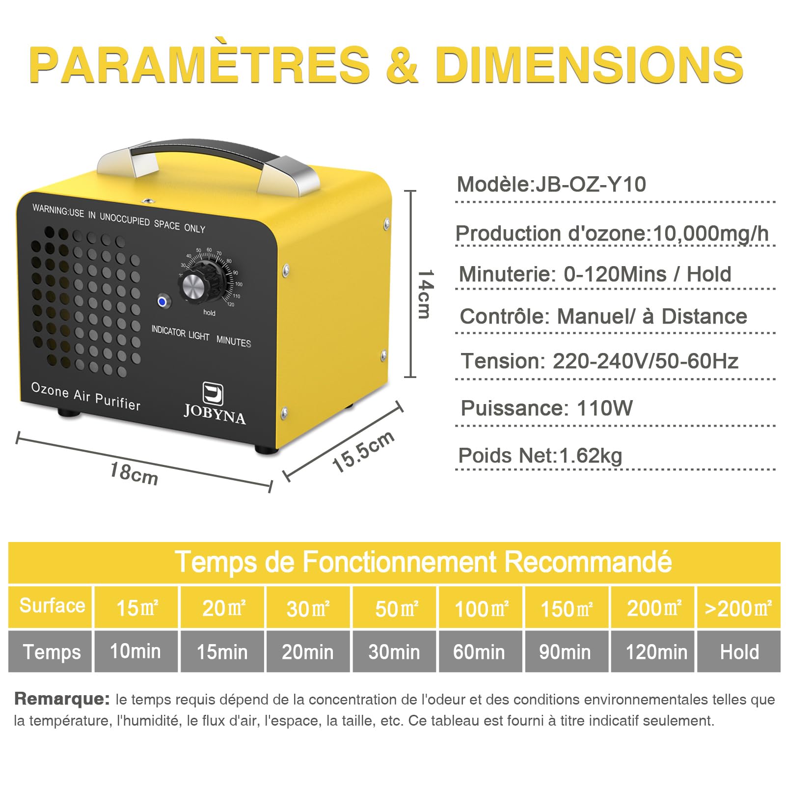JOBYNA Générateur d'ozone 10,000 mg/h avecTélécommande, Commercielle Purificateur d'air à l'ozone Éliminateur D'odeurs avec Minuteur pour Bureau, Garage, Hôtel, Chambre, les Voitures, la Fumée