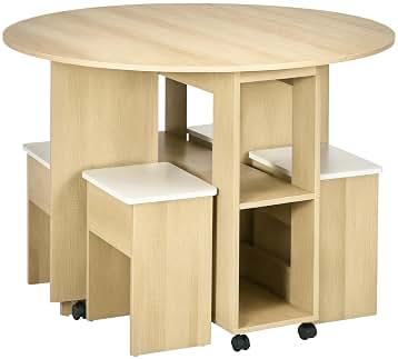 HOMCOM Juego de Mesa y sillas de aglomerado de 5 Piezas, Mesa Plegable Redonda con 2 estantes Abiertos y 4 taburetes de Roble