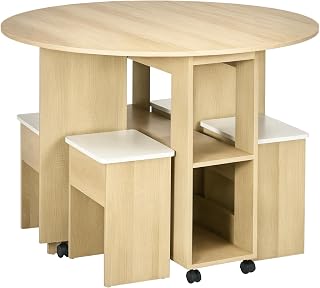 HOMCOM Juego de Mesa y sillas de aglomerado de 5 Piezas, Mesa Plegable Redonda con 2 estantes Abiertos y 4 taburetes de Roble