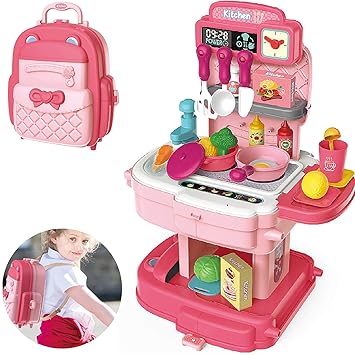 Gopinath Trade Mini Play Kitchen, 34 PCS Toy Kitchen Sets, Backpack Kitchen Pretend Playset, Cabinets and Pans, School Bag Play Kitchen for Kids, Girls, Boys Age 3 4 5 6+ (2 in 1 School Bag Kitchen)