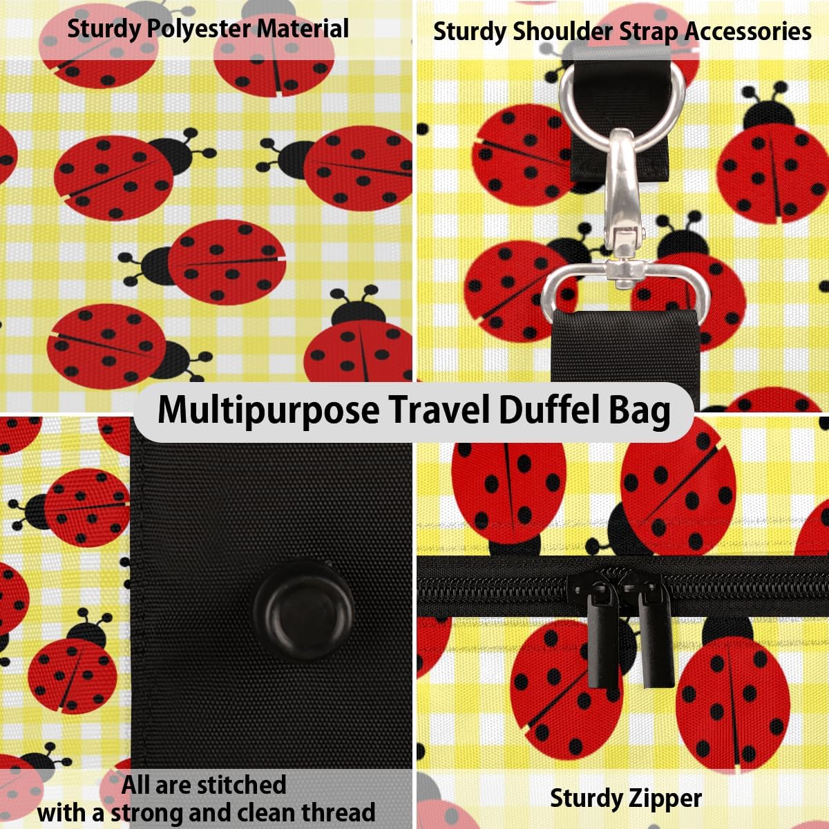 Grids Lady Beetle Travel Duffel Bag for Women Men Large Capacity Overnight Weekender Bags for Lightweight Waterproof Sport Gym Bag for Workout Yoga Swim
