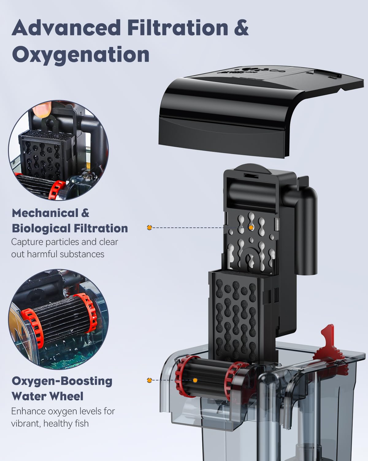 Filtro Para Acuario De 38L - 5W, 341L/h, Con Rueda De Agua Y Desnatador, Ultra Silencioso