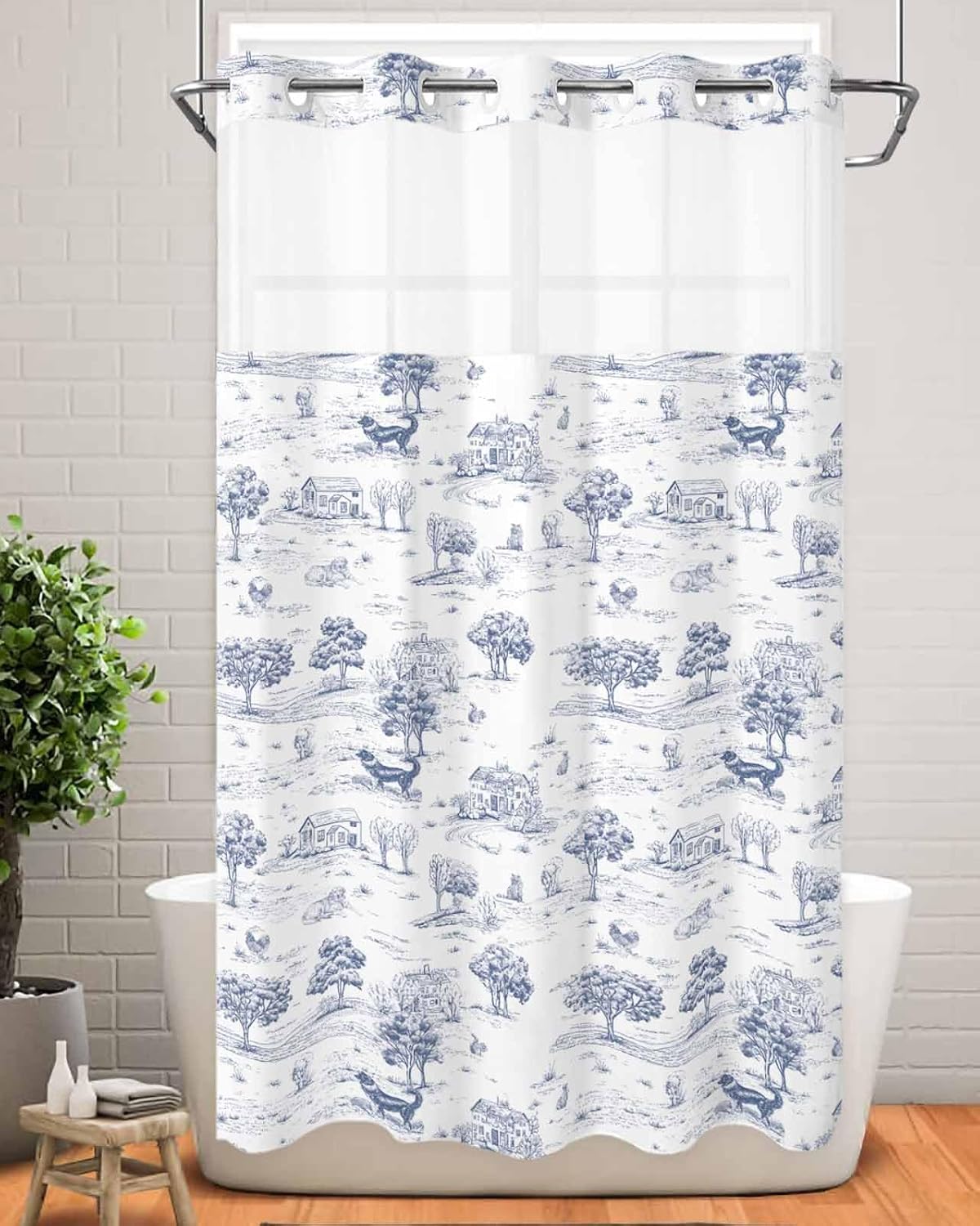 No Hook Shower Curtains, Navy Blue Country Small Shower Curtains with Snap in Liner, Farmhouse Rustic Tree Animals Abstract Waterproof Washable Fabric Bathroom Shower Curtain Sets, 36" x 72"