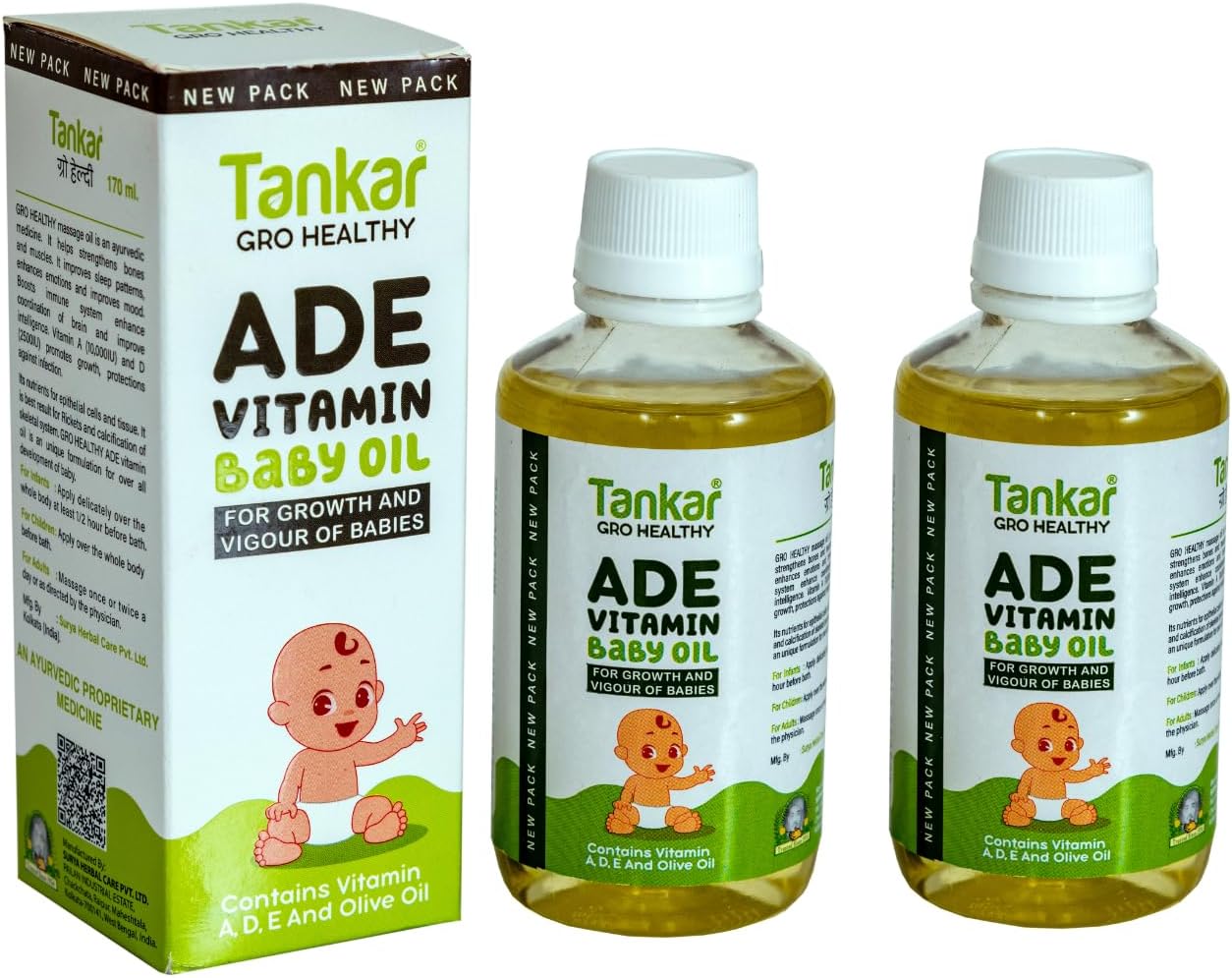 Tankar ADE Vitamin Baby Massage Oil for New Born, 100ml - With Vitmain A,D, E, & Olive Oil - 100% Natural & Ayurvedic Body Oil for Massage - For Healthy Skin, Bones, & Muscles - For All Skin Type (Pack of 2 )