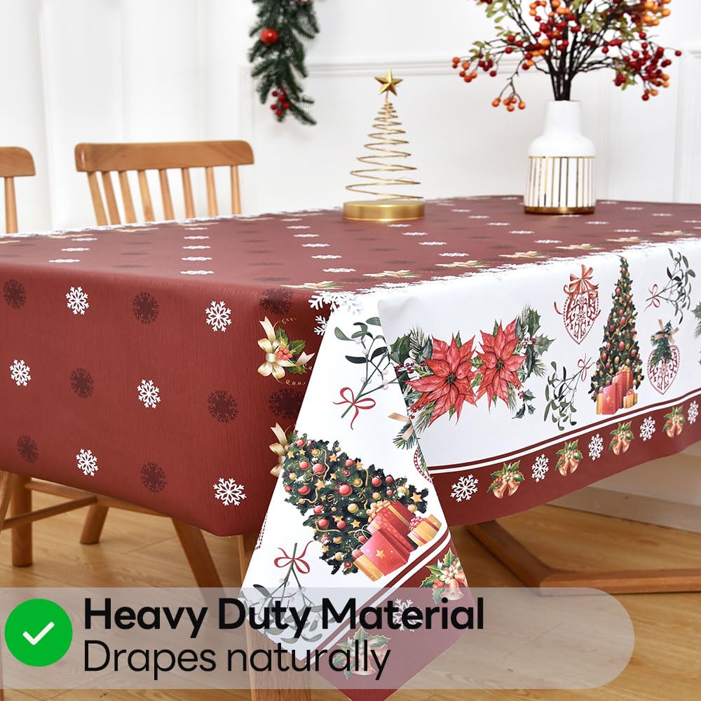 Yofori Christmas Table Cloth Wipe Clean PVC Xmas Tablecloth Rectangle Red Plastic Table Cover Waterproof Wipeable Vinyl Oilcloth for Spring festival New Year Dining Party (Trees-red - Image 4