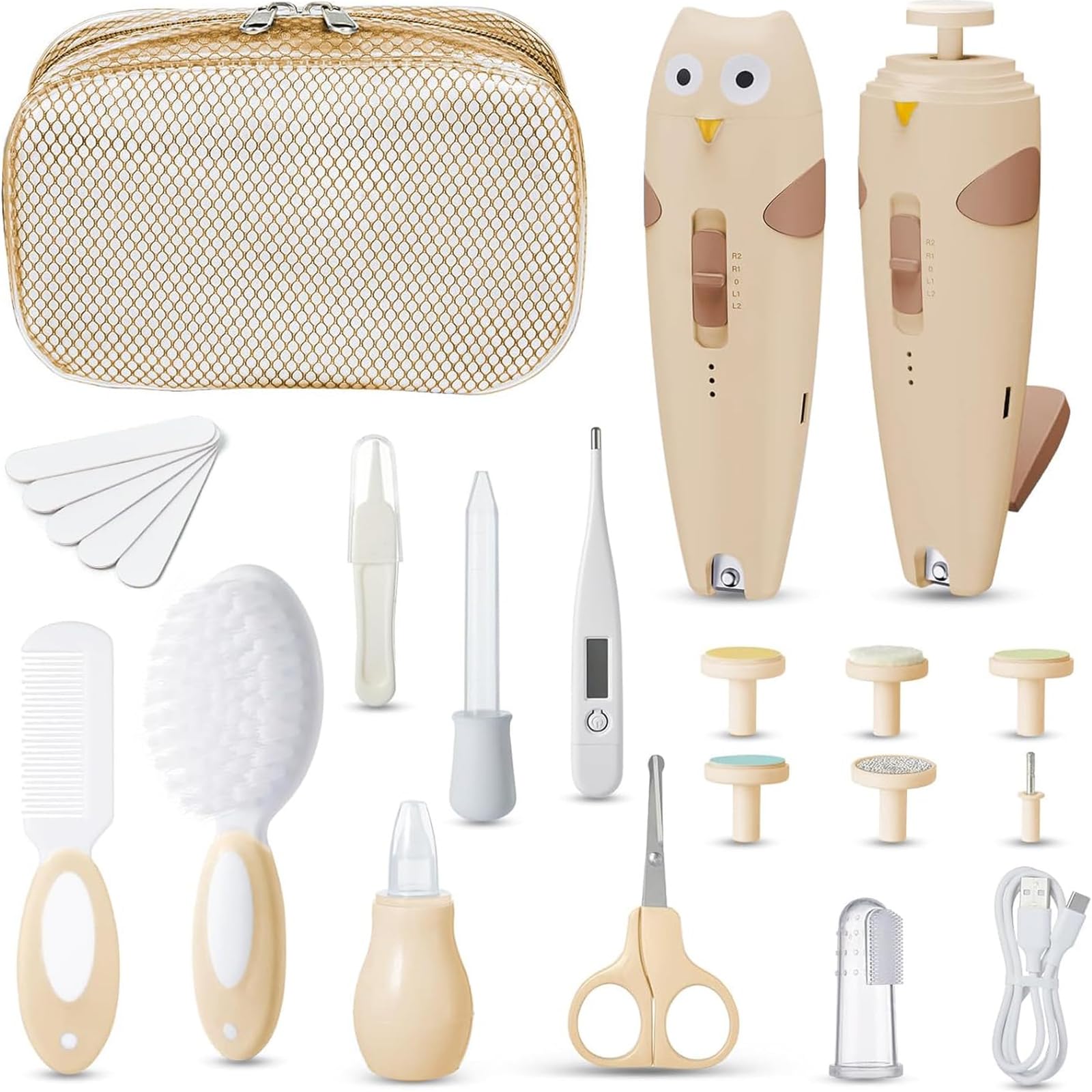 Lictin Baby Nagelfeile Elektrisch, Elektrische Nagelfeile mit 6 Schleifkopf, 26 in 1 Baby Nagelset mit LED Licht, Nagelpflegeset Elektrisch für Babys, Kleinkind, Erwachsene, USB Laden, Braun