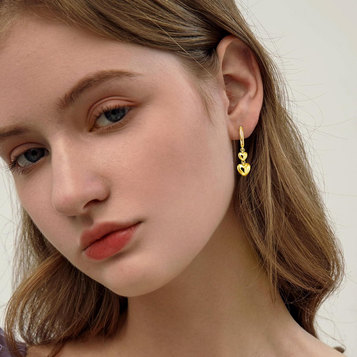 Dangle Hoop Earrings for Women Gold Plated Sterling Silver Double Heart Dangle Earrings Small Huggie Hoop Earrings Delicate Highly Polished Love Earrings Minimalist Lightweight Jewelry Gifts - Image 5