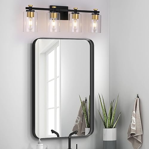 Miniatura 7 de Lámpara de baño de 4 luces, lámpara de tocador de baño negra y dorada con pantalla de vidrio transparente, luces de baño modernas sobre espejo de