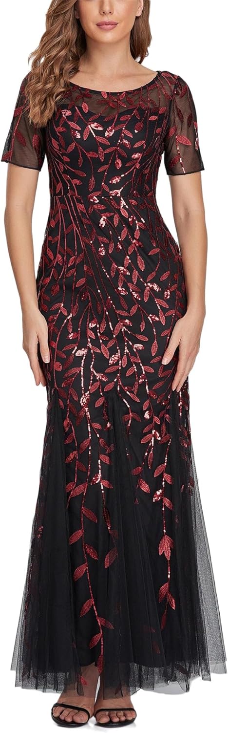 Women's Short Sleeve Round Neck Tulle Embroidery Mermaid Bridesmaid Prom Dress