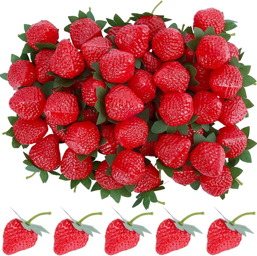 50Pcs Artificial Strawberry Mini Faux Strawberries Plastic Red Lifelike Simulation Fruit Realistic Food Ornaments for Home Kitchen Restaurant Cabinet Wedding Party Decor Photography Prop