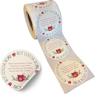 Hot Cocoa Bomb Stickers 250 per Roll 2” Chocolate Instructions DIYers Bulk Packaging Spoons Labels Tags Cream Red Mug Greenery Twigs
