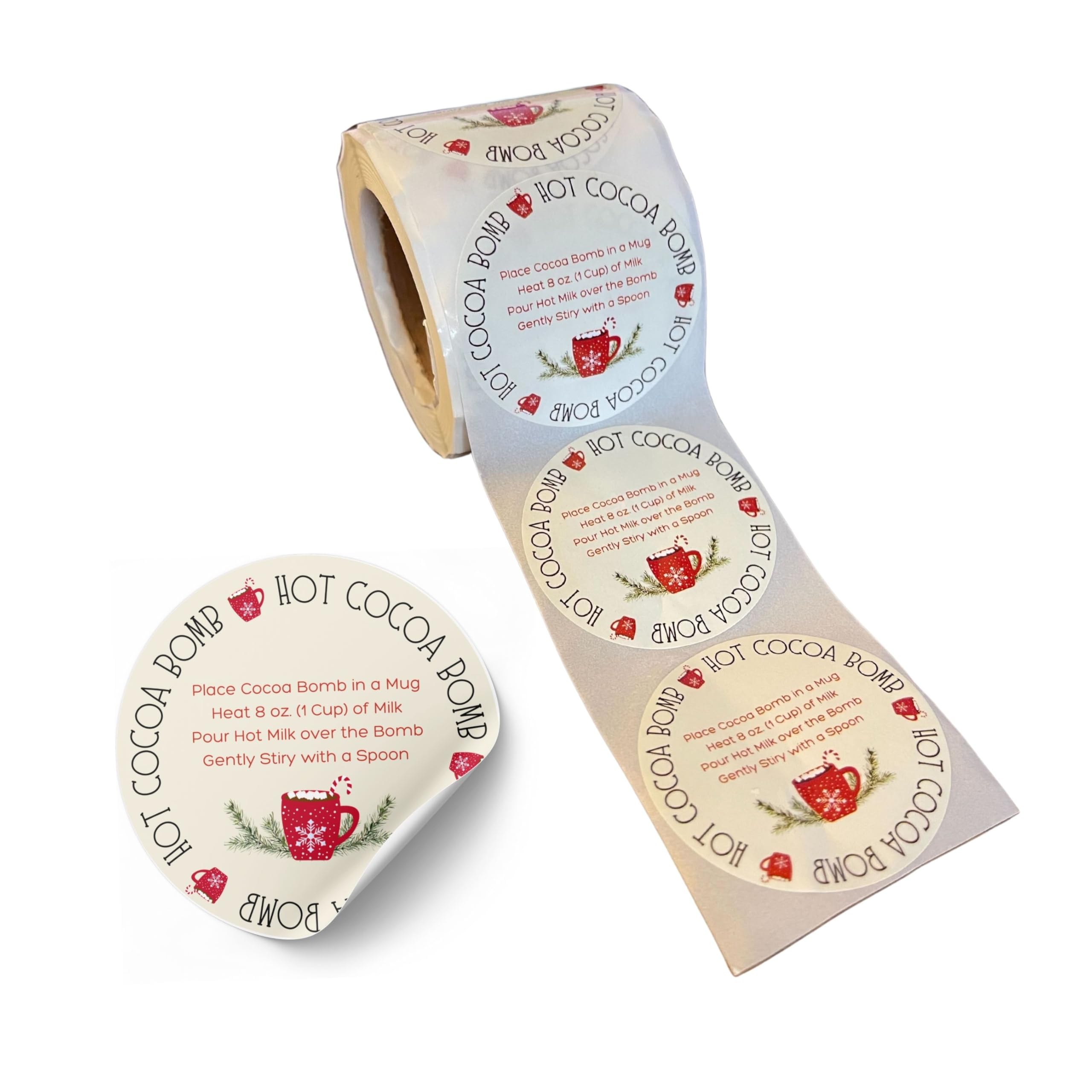 Hot Cocoa Bomb Stickers 250 per Roll 2” Chocolate Instructions DIYers Bulk Packaging Spoons Labels Tags Cream Red Mug Greenery Twigs
