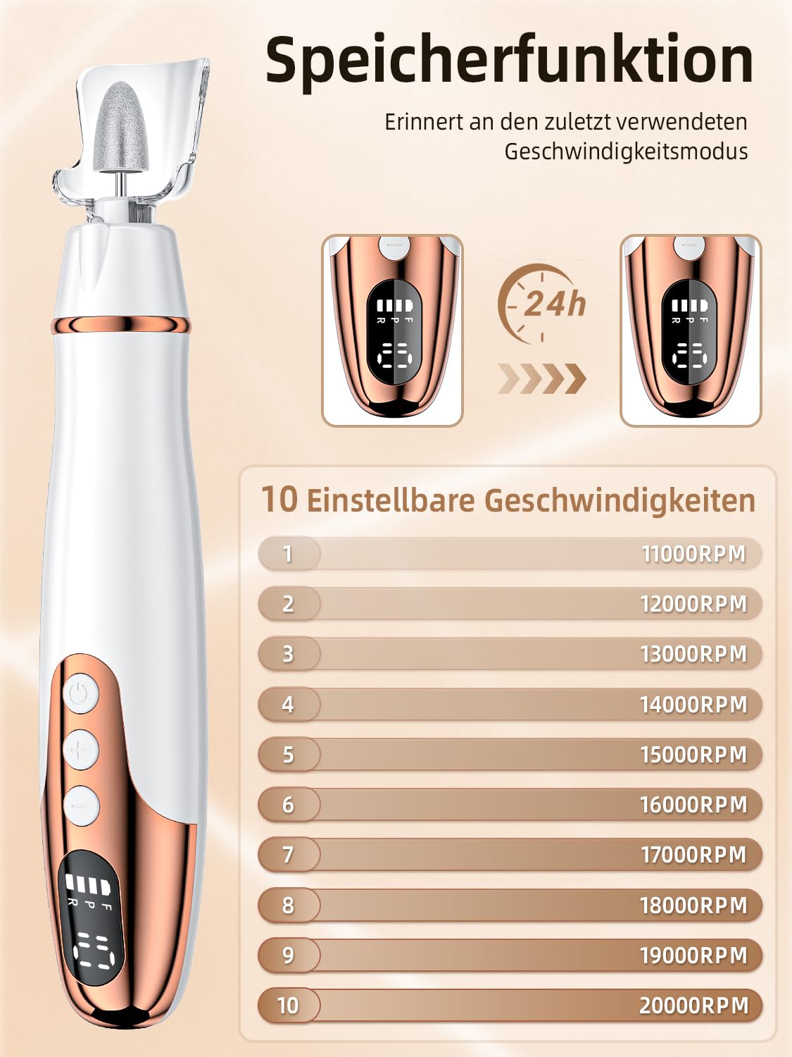 Nagelfräser Kabellos - 11 in 1 Tragbar Maniküre Set mit 10 Geschwindigkeiten und LED Licht, Pediküre Set Fußpflege Elektrisch, USB Wiederaufladbare Elektrische Nagelfeile für Gelnägel, Acrylnägel