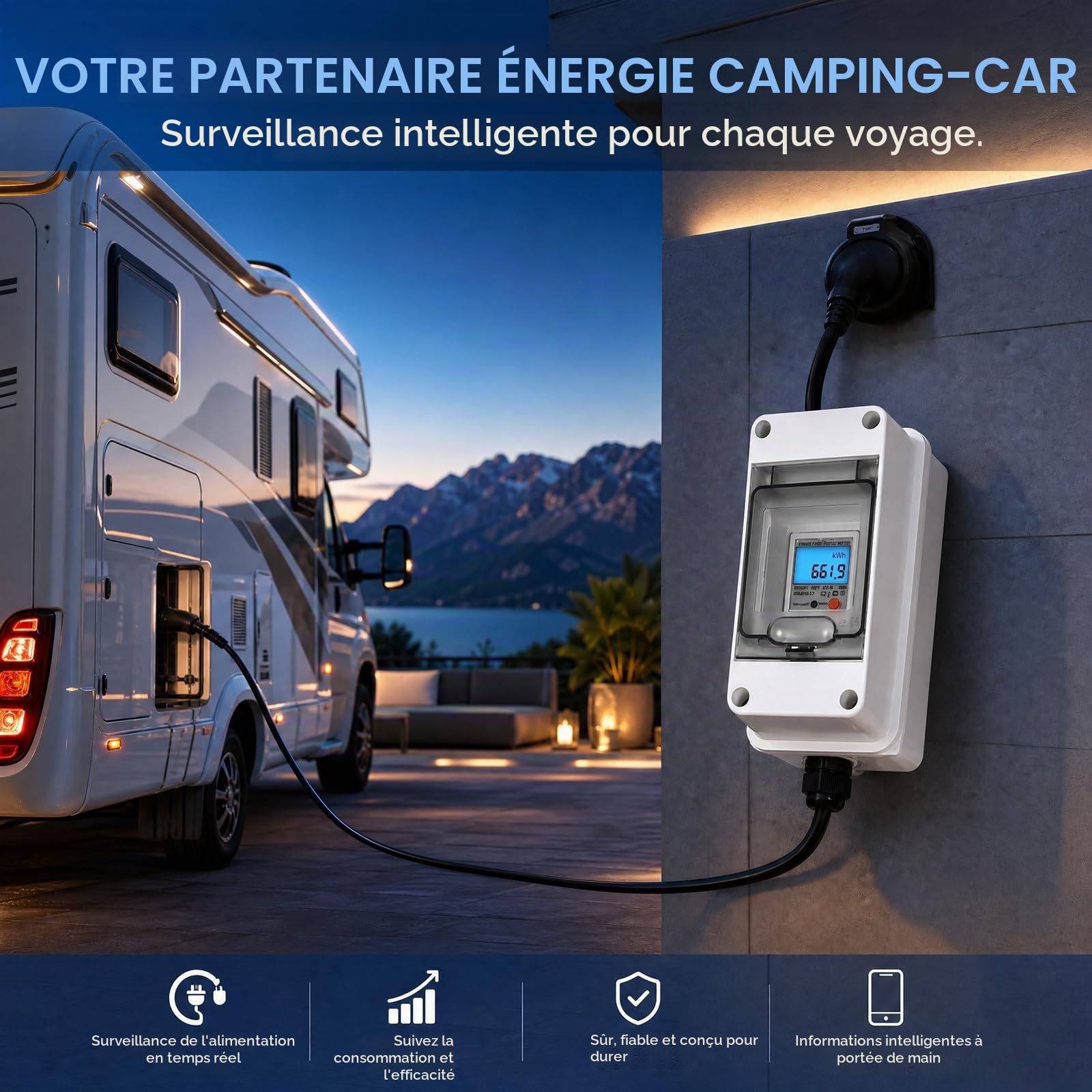 Compteur Électrique Numérique, 230V 16A, IP65, Reset, Câble 1m