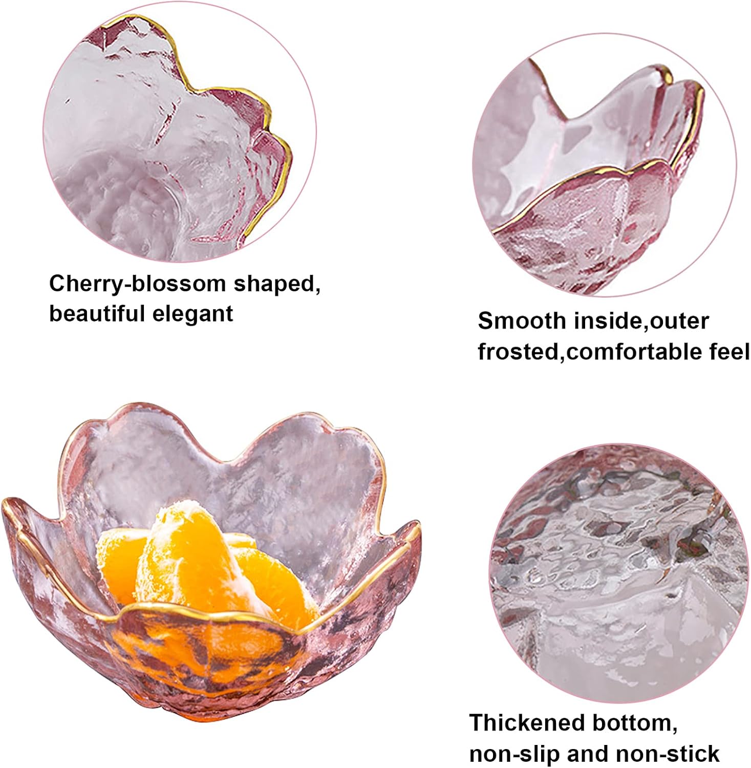 Pink Cherry Blossom Glass Soy Sauce Dish Petals Shape Mini Cute Crystal Dessert Bowl, Appetizer Plates, Tea Bag Holder, Small Dip Bowls (Gold Side)