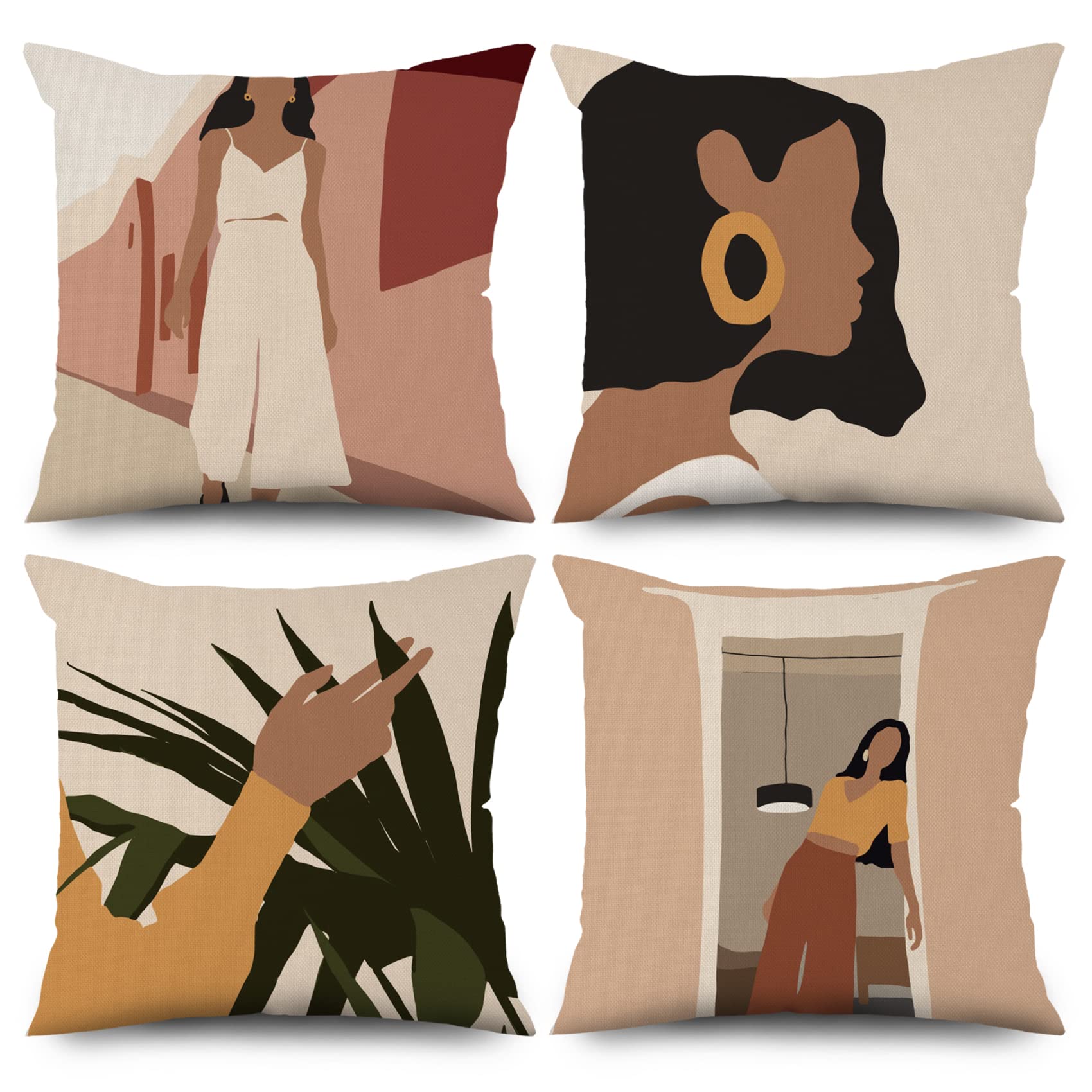 ASDCXZ 4 Piece Boho 50x50 cm Decorative Pillow Covers - Modern Abstract Art Girl Leaves Beige Washable Polyester Flax Textile Upholstery — image 1