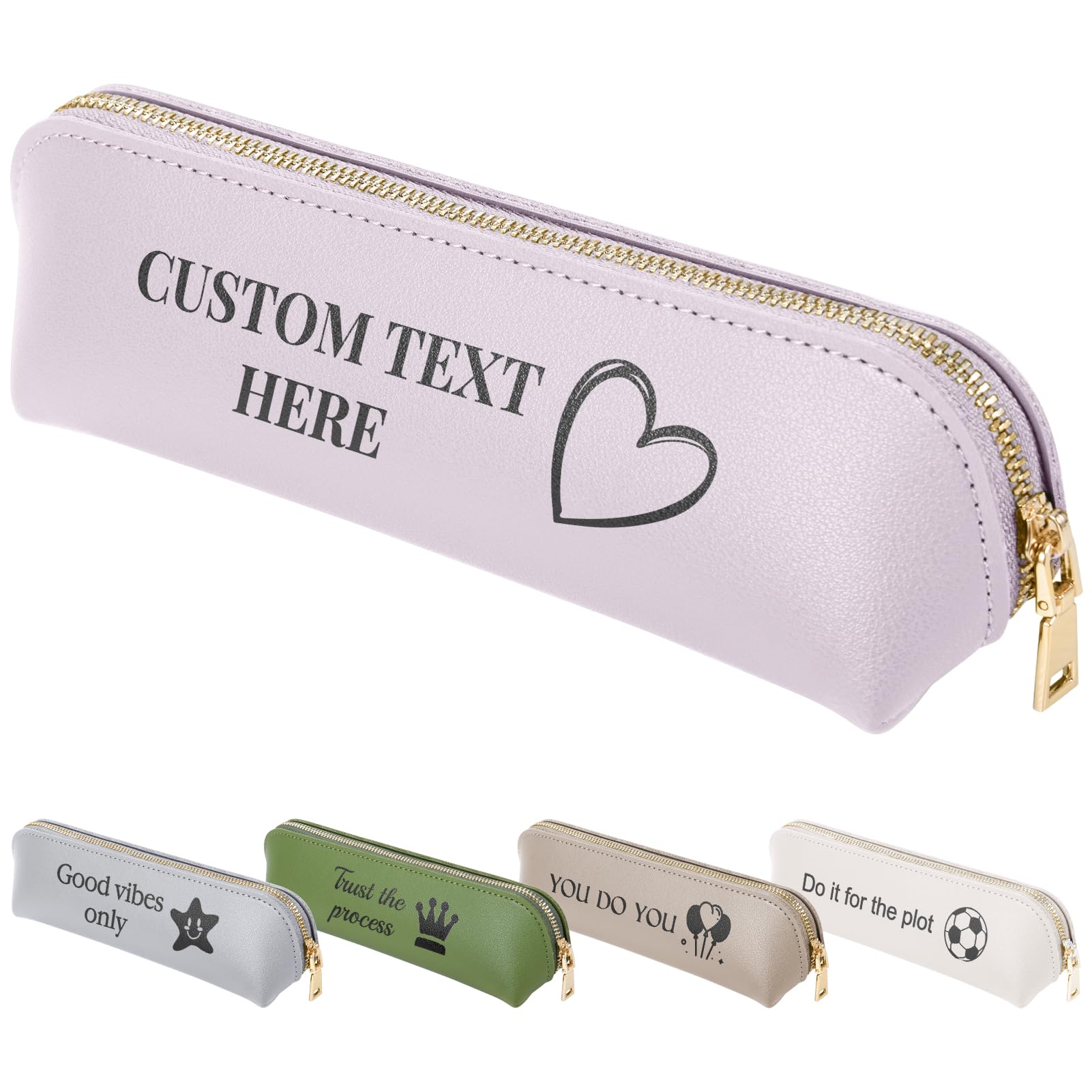Fyore Bulk Custom Personalised Leather Pencil Case with Icon Text - Slim Pen Bag with Metallic Zipper for Students & Office