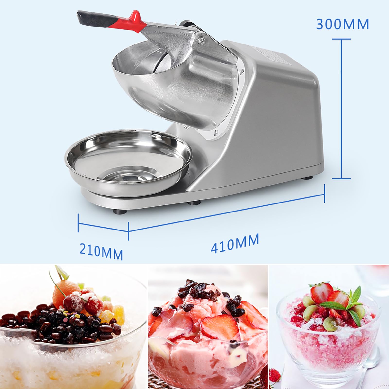 Tritaghiaccio Elettrico con spegnimento Automatico di Sicurezza, Ciotola in Acciaio Inox Facile da Pulire, Ideale per ristoranti e Bar, Perfetto per preparare Bevande Fredde e Dessert. (Red)
