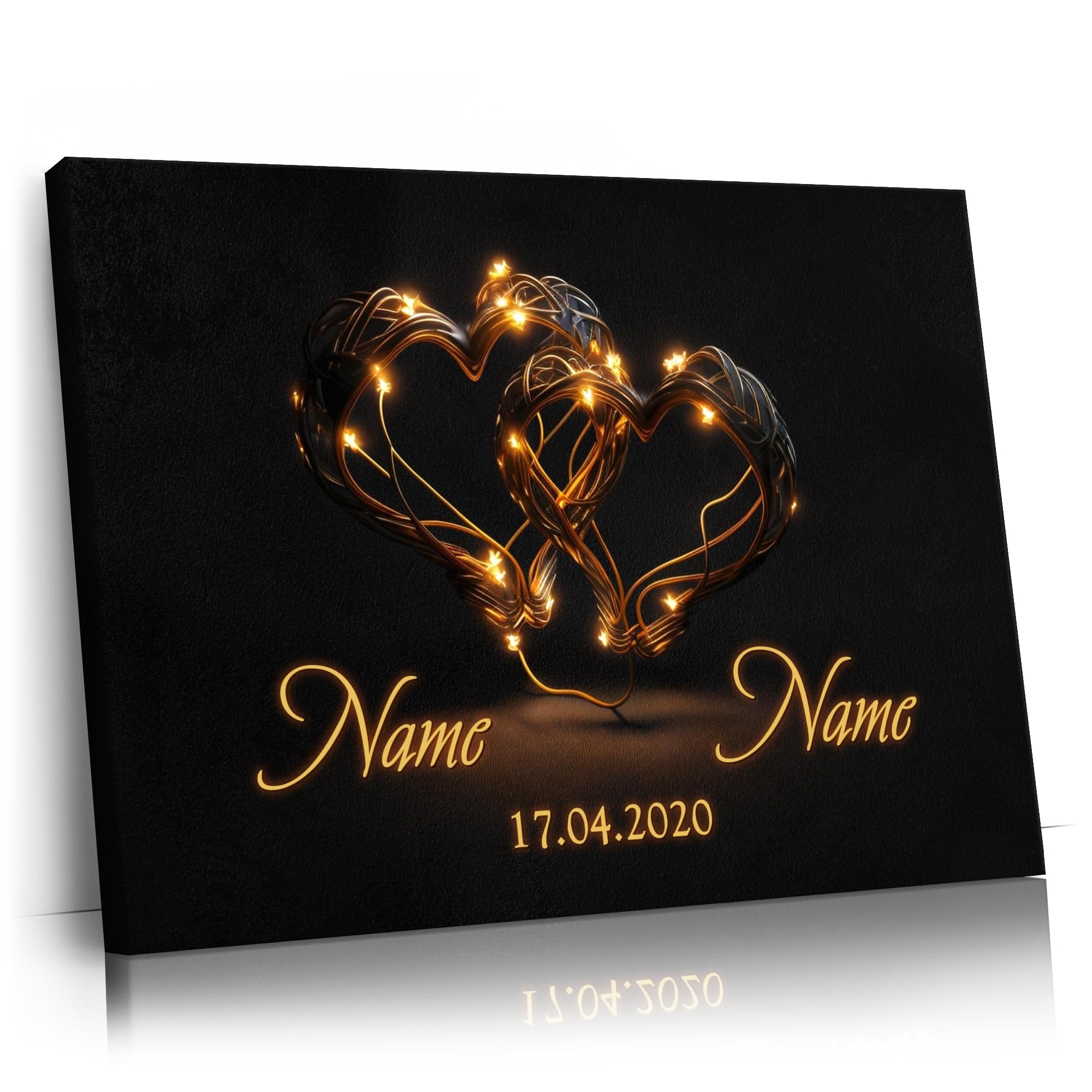 Liebesleinwand Individuelles Wandbild Blinkende Herzen | Jahrestag, Hochzeitstag Geschenke für Frauen | Leinwand mit Namen und Datum gestalten