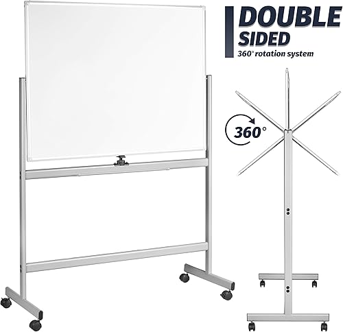 Miniatura 4 de INNOVART Pizarra blanca móvil de 48 x 36 pulgadas, pizarra magnética de borrado en seco de doble cara reversible de 360 con soporte rodante portátil