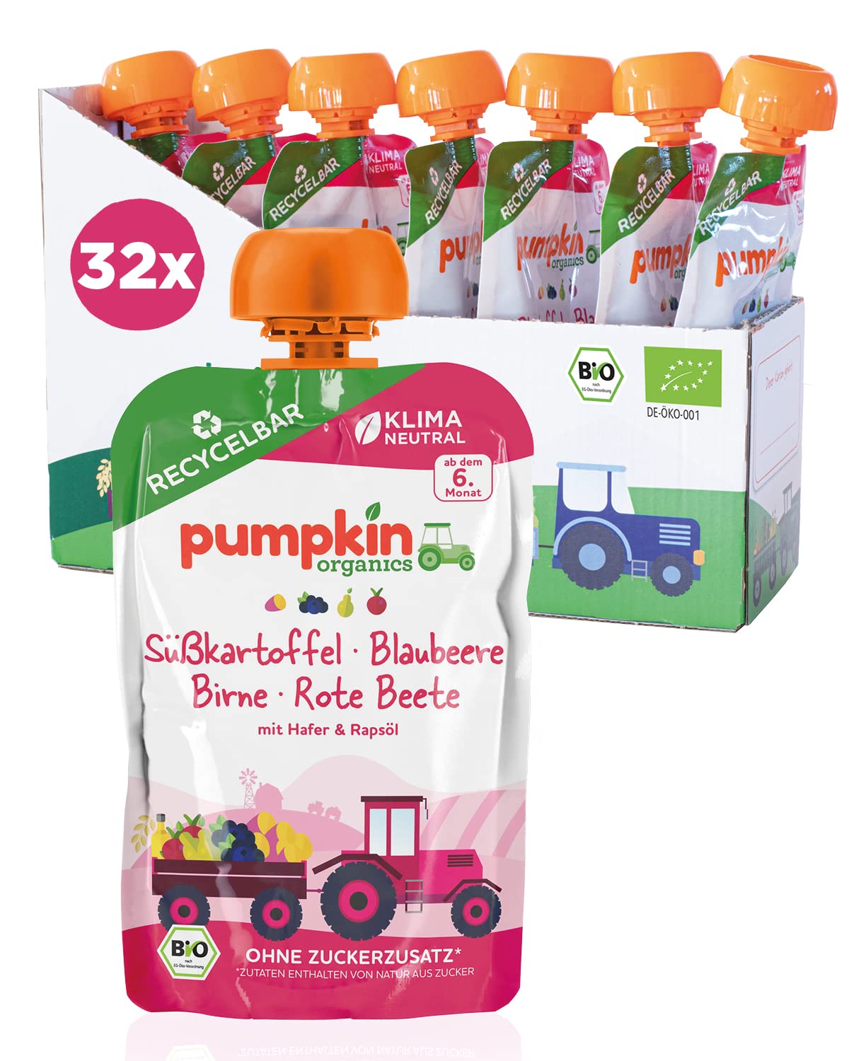 Bio Quetschie Süßkartoffel, Blaubeere, Birne, Rote Beete, Hafer & Rapsöl - Gemüsepüree, Fruchtmus und Getreide für Babys ab dem 6. Monat. Recycelbarer Quetschbeutel, 32er Pack (32x100g)