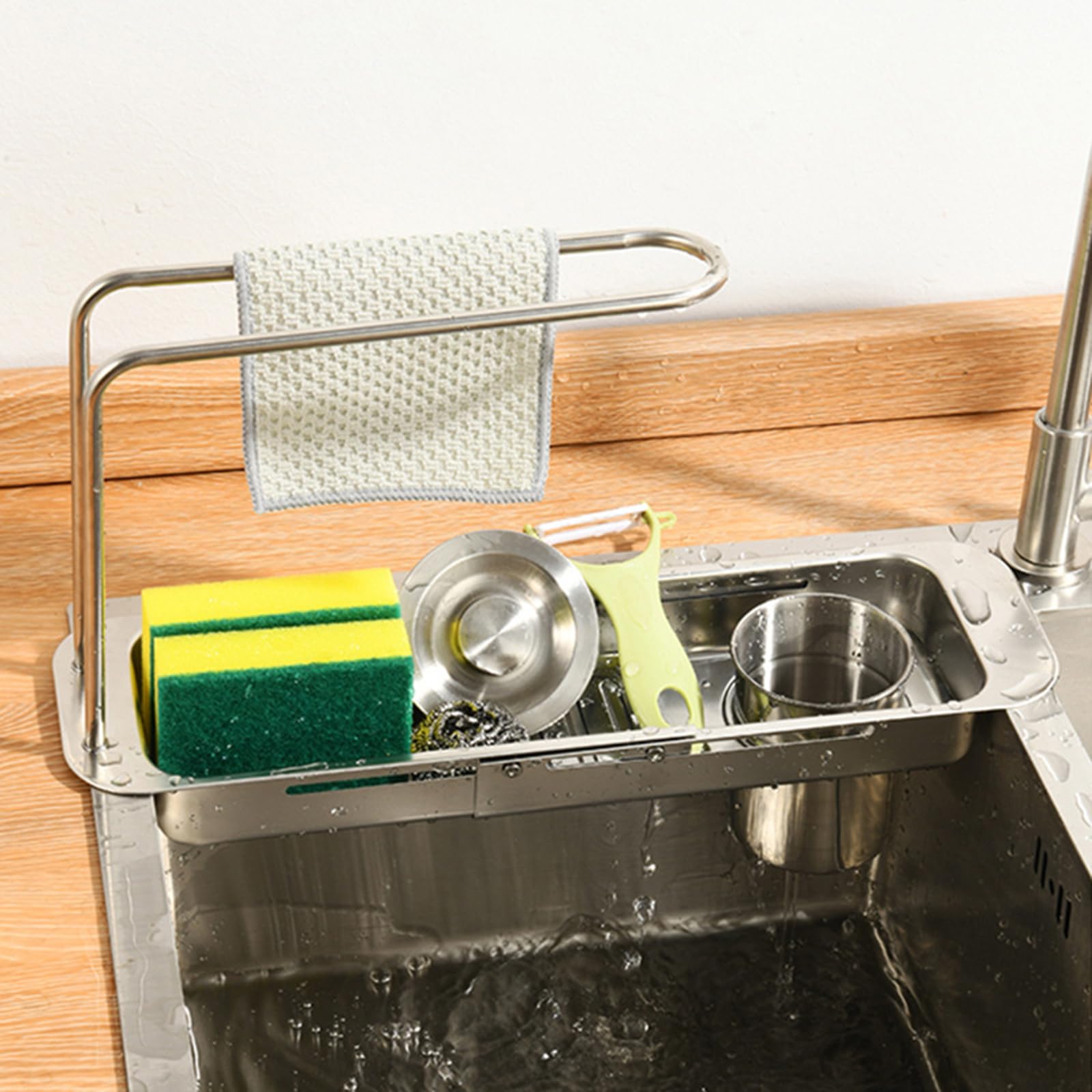 Cestino da cucina estensibile sopra il lavello, cestino da cucina in acciaio inox con design a doppio strato per un'organizzazione ottimale, portaoggetti multifunzionale per lavello