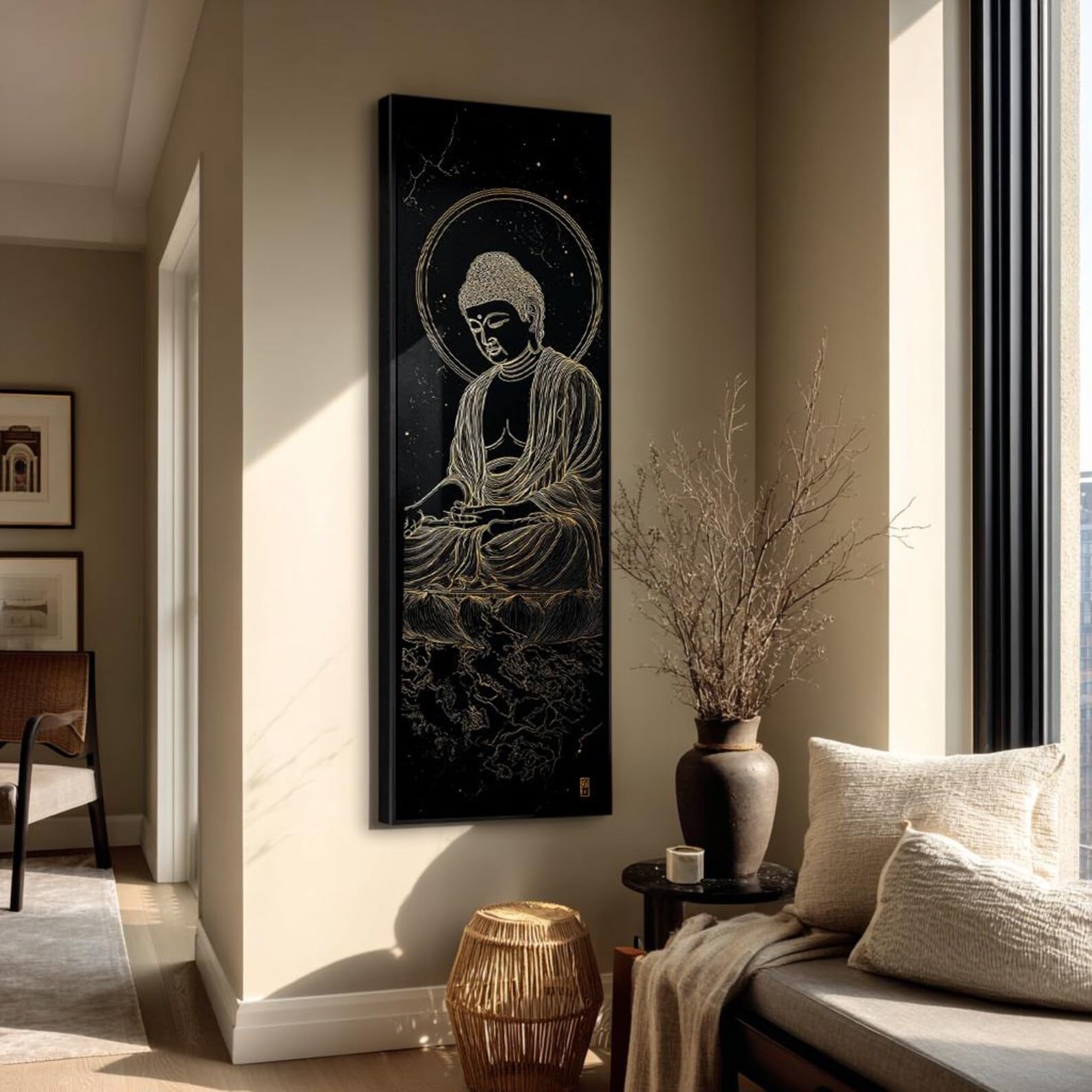 YUSUZHU Lienzo con pintura de Buda, decoración zen vertical para estudio de yoga, arte budista de gran tamaño, lámina espiritual alta y estrecha, Señor Buda (60x180cm/marco interior)