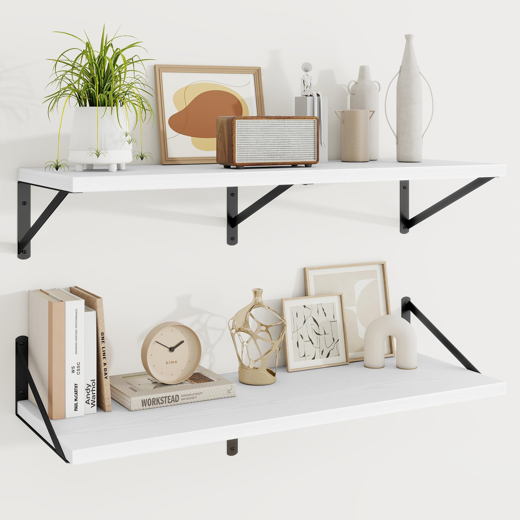 KovaScape Floating Shelves, Extra Deep Loft Rustic Book Shelf for Wall, 100x30 cm Wall Shelves Set of 2, Heavy Duty Metal Brackets, Wood Display Shelf for Living Room, Kitchen, Corner, Study, White